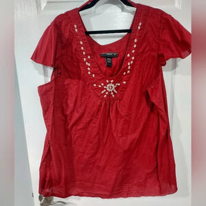 Venezia Red Scoop Neck with Beaded Detail Flutter Sleeve Blouse in Size 26/28
